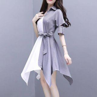 Short-sleeve Striped Panel Collared Dress