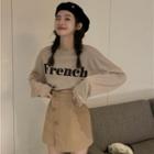 Long-sleeve Lettering T-shirt / Button-up A-line Skirt
