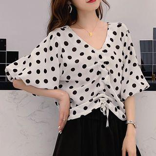 Elbow-sleeve Dotted Drawstring Blouse White - One Size