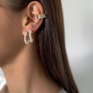 Set Of 2:faux Pearl Hoop Earrings Gold - One Size