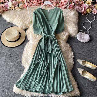 V-neck Short-sleeve Pleated Midi Dress With Sash