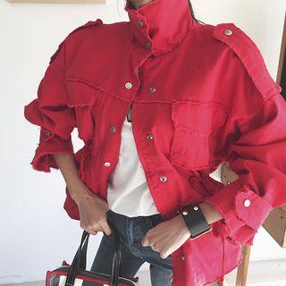 Funnel-neck Fray-edge Safari Jacket