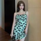 Sleeveless Butterfly Printed Mesh Dress Green - One Size