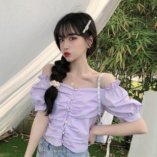 Short-sleeve Off-shoulder Buttoned Top