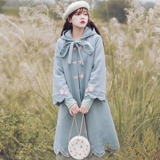 Floral Embroidered Hooded Wool Coat