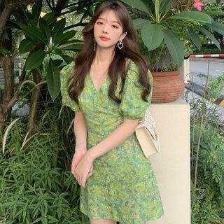 Puff-sleeve V-neck Button-up Floral Mini Dress