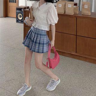 Puff-sleeve Collared Plain Blouse / High-waist Plaid Pleated Skirt