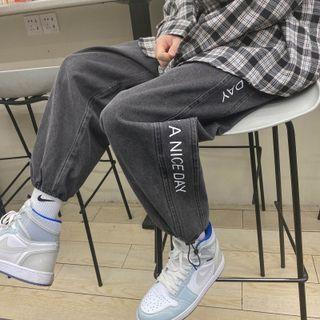 Lettering Print Drawstring Cuff Jeans