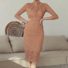 3/4-sleeve Mock-neck Lace Bodycon Dress
