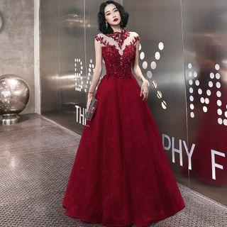 Cap-sleeve Embellished A-line Mesh Gown