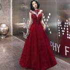 Cap-sleeve Embellished A-line Mesh Gown