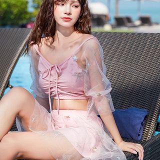 Set: Mesh Panel Bell-sleeve Cropped Swim Top + Swim Skirt