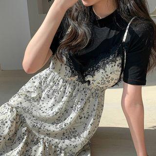 Lace-trim Floral Tiered Maxi Overall Dress