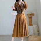Set: Long-sleeve Tie-neck Midi A-line Dress + Flower Print Vest