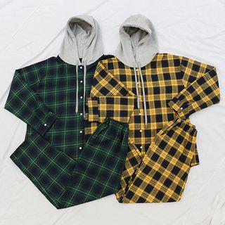 Set: Hooded Plaid Shirt + Band-waist Pants