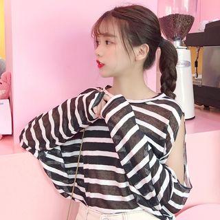 Striped Cut Out Shoulder Long Sleeve Sheer T-shirt