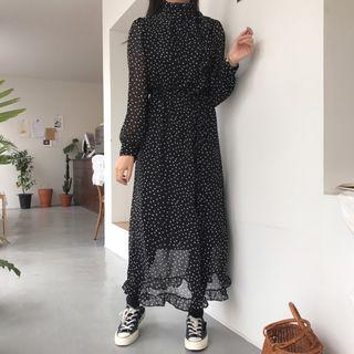 Long-sleeve Mock Collar Dotted Midi Dress Black - One Size