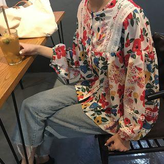 Long-sleeve Lace Trim Floral Buttoned Top As Shown In Figure - One Size