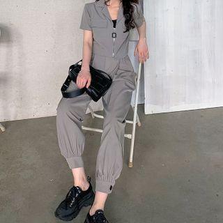 Set: Short-sleeve Cropped Jacket + High-waist Pants
