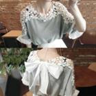 Set: Lace Panel Short-sleeve Chiffon Top + Asymmetric Hem Skirt