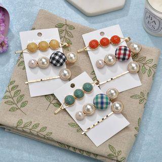 Set Of 3: Plaid / Faux Pearl Hair Clips (various Designs)