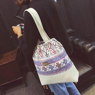 Pattern Panel Faux Leather Drawstring Tote Bag