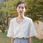 V-neck Elbow-sleeve Eyelet Blouse