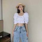 Short-sleeve Drawstring Cropped Blouse / Washed Ripped Wide Leg Jeans
