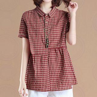 Short-sleeve Checker Ribbon Back Top