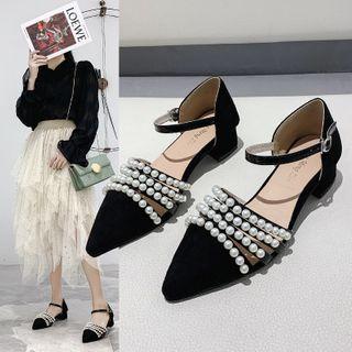 Faux Pearl Faux Suede Pointed Pumps