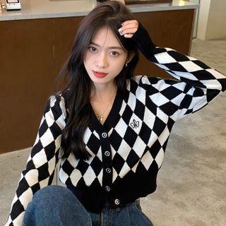 Plaid Cropped Cardigan Black - One Size