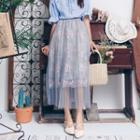 Floral Embroidered Mesh Maxi Skirt