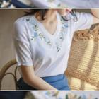 V-neck Flower-embroidered Knit Top