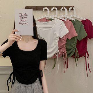 Short-sleeve Square Neck Drawstring T-shirt