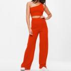 Set: One-shoulder Crop Tank Top + High-waist Straight-leg Pants