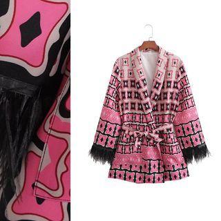 Feather Panel Geometric Blazer With Sash