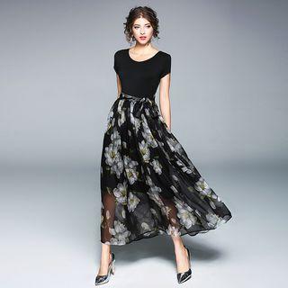 Short-sleeve Floral Panel Maxi Dress