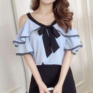 Bow Short-sleeve Cold Shoulder Top