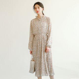 Long-sleeve Frill Collar Floral Print Chiffon Dress