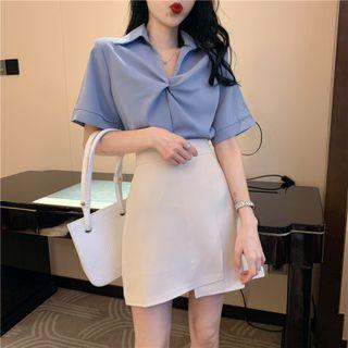 Short-sleeve Open-placket Blouse / Asymmetrical Mini A-line Skirt