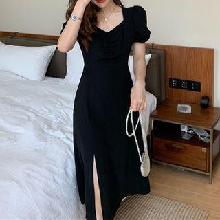 Puff-sleeve Slit Crinkle Midi A-line Dress