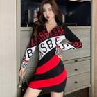Polo Long-sleeve Lettering Striped Knit Dress