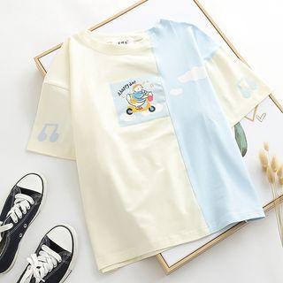 Short-sleeve Print T-shirt Beige & Blue - One Size
