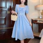 Puff-sleeve Square-neck Lace Panel Strap Dress
