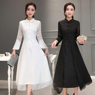 3/4-sleeve A-line Midi Qiapo Dress
