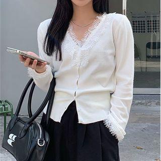 V-neck Lace Panel Long-sleeve Cardigan
