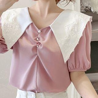Contrast Collar Tie-back Short-sleeve Blouse