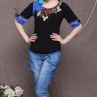 Elbow-sleeve Embroidered Knit Top