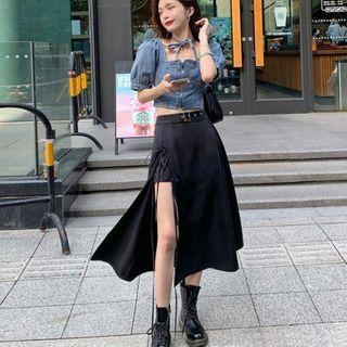 Denim Puff-sleeve Square-neck Cropped Top / Slit Lace-up Midi A-line Skirt