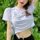 Short-sleeve Butterfly Print Drawcord Cropped T-shirt
